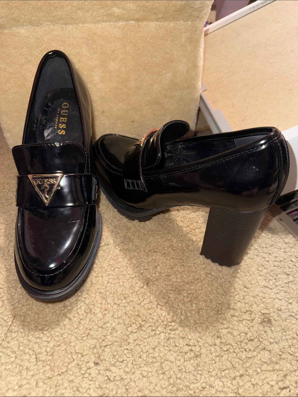Guess Black Patent Block Heel Loafers with Gold Accent